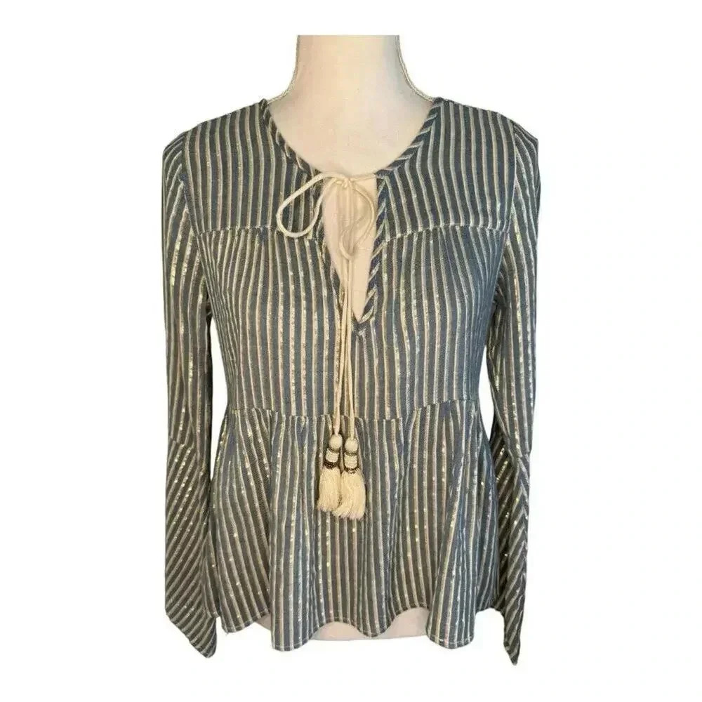 Altar'd State Women’s Medium Blue & Gold Striped Bell Sleeve Blouse with Tassels